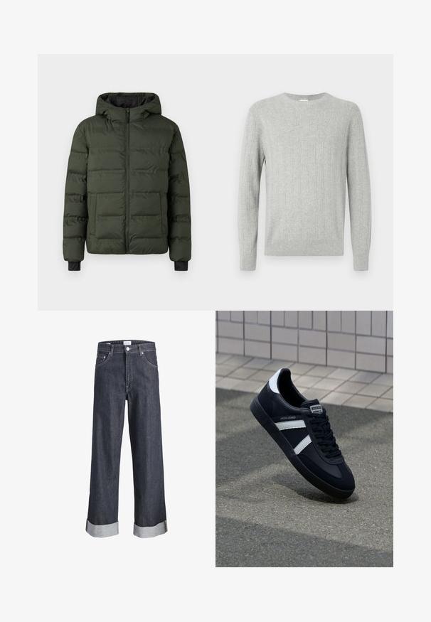 veste matelassée vert olive avec fermeture éclair à l'avant, capuche attachée, deux grandes poches avant et poignets intérieurs noirs.; Pull tricoté gris clair avec texture côtelée, col ras du cou et manches longues. Design simple, avec ourlet droit et matériau durable.; Jeans en denim foncé à jambes larges avec un ourlet retourné, une fermeture à bouton et des poches à l'avant. Le tissu a une texture lisse avec des détails de couture discrets.; Sneaker en cuir noir avec des rayures blanches, semelle en caoutchouc texturée et devant à lacets. Présente une étiquette de marque sur la languette.