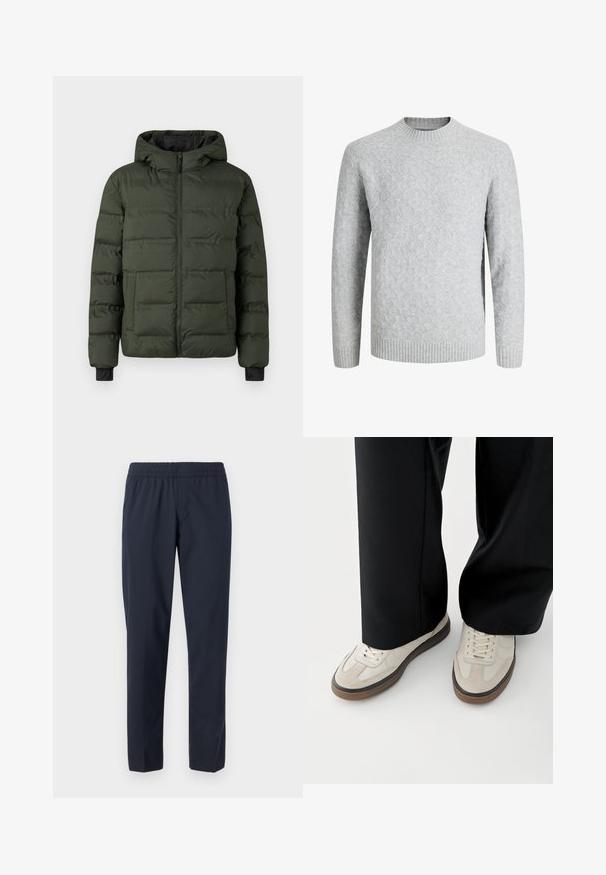 veste matelassée vert olive avec fermeture éclair à l'avant, capuche attachée, deux grandes poches avant et poignets intérieurs noirs.; Pull gris clair en maille avec motif losange, col rond, poignets et ourlet côtelés, manches longues, adapté par temps froid.; Pantalon bleu marine avec une taille élastique, jambes droites, tissu léger et sans poches ni ornements visibles.; Pieds portant des baskets beige avec des semelles marron et un pantalon noir à jambes larges sur fond blanc.