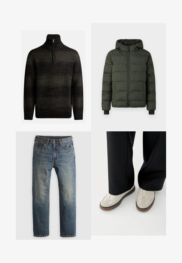 veste matelassée vert olive avec fermeture éclair à l'avant, capuche attachée, deux grandes poches avant et poignets intérieurs noirs.; Pull en laine noir tricoté avec un col montant et une fermeture éclair quart. Présente un motif texturé avec des nuances de noir et de gris.; Jeans en denim bleu délavé à jambes droites avec poches avant, passants de ceinture, bouton et fermeture à glissière sur un fond clair.; Pieds portant des baskets beige avec des semelles marron et un pantalon noir à jambes larges sur fond blanc.