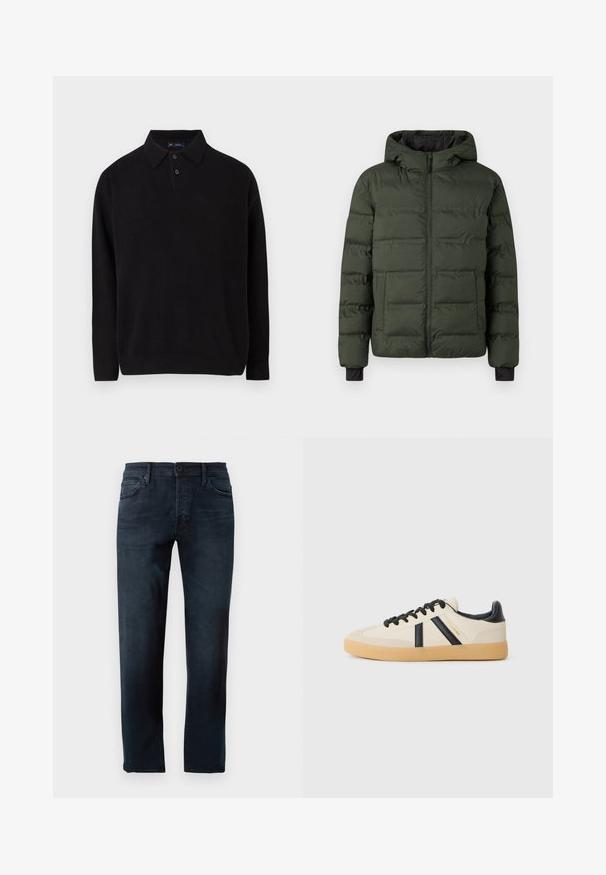 veste matelassée vert olive avec fermeture éclair à l'avant, capuche attachée, deux grandes poches avant et poignets intérieurs noirs.; Pull noir avec un col, patte de boutonnage à trois boutons, poignets et ourlet côtelés, fabriqué en maille douce.; Jean bleu foncé, en denim, avec une coupe droite, une fermeture à bouton et zip à l'avant, et cinq poches.; Baskets décontractées en crème avec des rayures noires, présentant un dessus texturé et une semelle en caoutchouc. Les lacets sont noirs. Logo discret sur le côté.