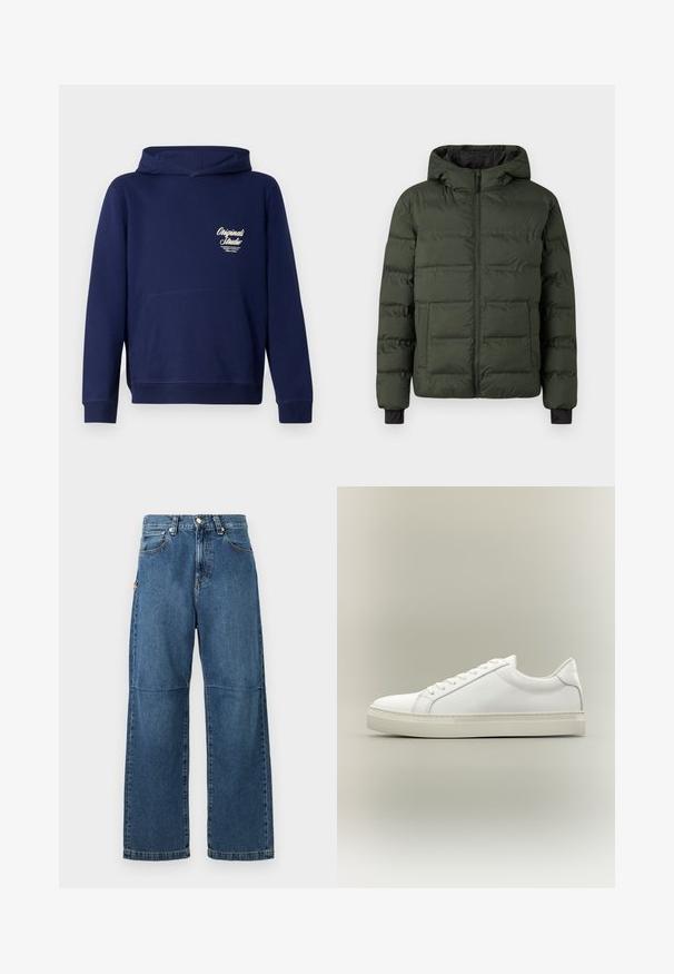 Olivenfarvet polstret jakke med frontlynlås, fasthæftet hætte, to store frontlommer og sorte indvendige håndledsmanchetter.; Mørkeblå hoodie med en frontkangaroo lomme, ribbede ærmer og et logo på brystet. Lavet af blødt stof med en glat tekstur.; Blå denim jeans med afslappet pasform, lige ben, synlige sømme og lukkes med en knap foran. Har en sidelomme med accent.; Hvid lavtop sneaker med snørebånd foran og tyk sål, vist fra siden mod en neutral baggrund.