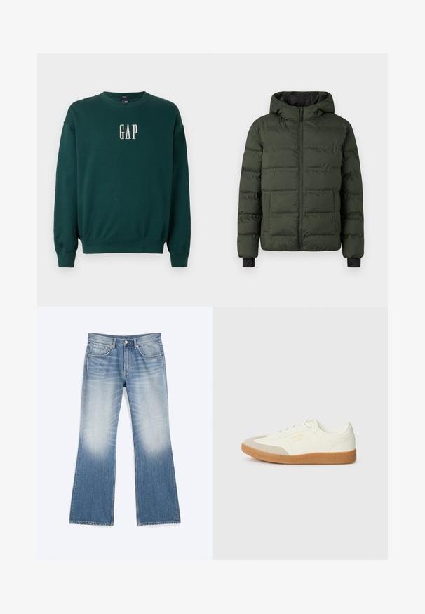 Olijfgroene gevoerde jas met een rits aan de voorkant, aangehechte capuchon, twee grote voorzakken en zwarte binnenmanchetten.; Groene sweatshirt met lange mouwen, voorzien van geribbelde manchetten en tailleband, met een witte geborduurde "GAP"-logo op de borst. Zachte stofstructuur.; Blauwe vervaagde spijkerbroek met een hoge taille, vijf zakken, knoopsluiting en een lichte uitlopende pijp onderaan.; Schoen gemaakt van wit leer met een beige teenkap en een lichtbruine rubberen zool. Voorzien van platte witte veters en reliëfbranding aan de zijkant.