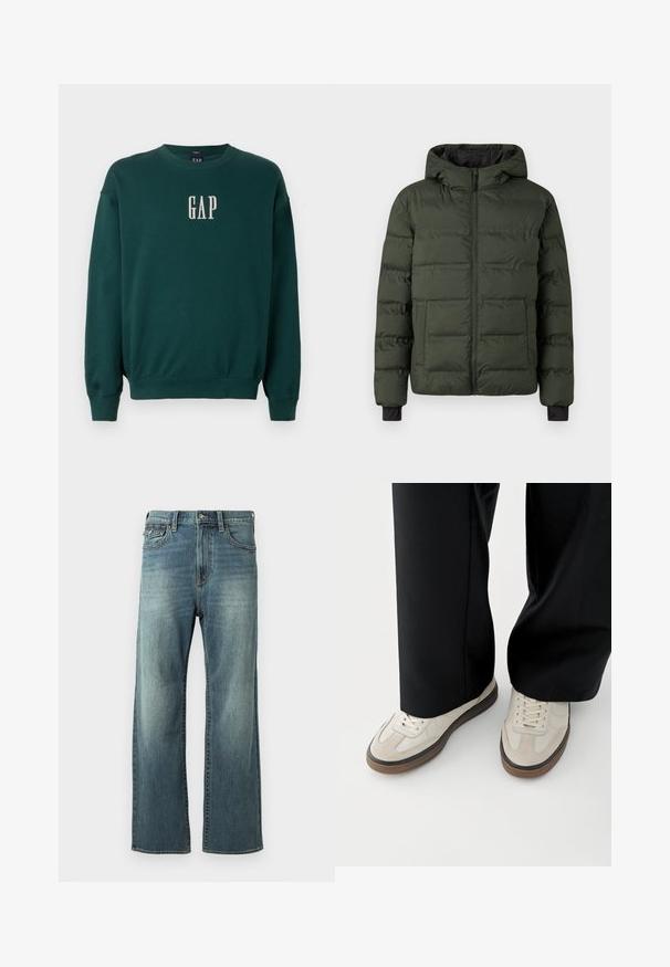 Olivenfarvet polstret jakke med frontlynlås, fasthæftet hætte, to store frontlommer og sorte indvendige håndledsmanchetter.; Grøn langærmet sweatshirt med ribbede manchetter og talje, med hvidt broderet "GAP" logo på brystet. Blødt stof.; Lysblå denim jeans med lige ben, let falmet, fem lommer og bæltestropper. Har stikninger som accent og knaplukning.; Fødder iført beige sneakers med brune såler og sorte bukser med vide ben på hvid baggrund.