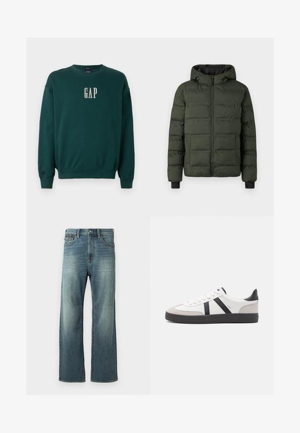 Olivenfarvet polstret jakke med frontlynlås, fasthæftet hætte, to store frontlommer og sorte indvendige håndledsmanchetter.; Grøn langærmet sweatshirt med ribbede manchetter og talje, med hvidt broderet "GAP" logo på brystet. Blødt stof.; Lysblå denim jeans med lige ben, let falmet, fem lommer og bæltestropper. Har stikninger som accent og knaplukning.; Hvide sneakers med sorte og grå detaljer, med en tekstureret grå tåhætte, sort gummisål og flade hvide snørebånd. Rent design, minimalistisk stil.