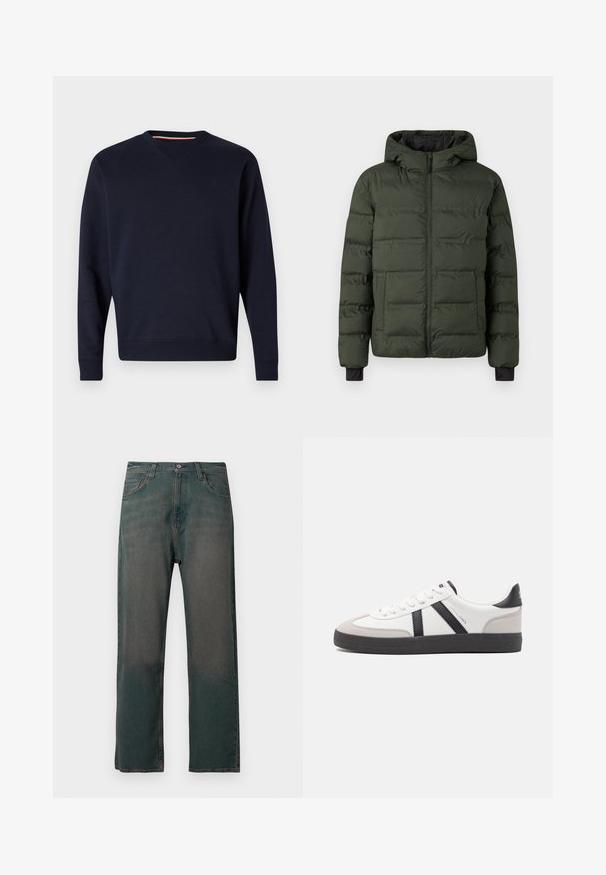 Chaqueta acolchada verde oliva con cremallera frontal, capucha integrada, dos grandes bolsillos frontales y puños interiores negros.; Replay Sudadera - night blue; Vaqueros de mezclilla verde oscuro con corte de pierna recta, que presentan un diseño clásico de cinco bolsillos y costuras de contraste a lo largo de las costuras.; Zapatilla blanca con acentos en negro y gris, que presenta una puntera texturizada en gris, suela de goma negra y cordones planos blancos. Diseño limpio, estilo minimalista.