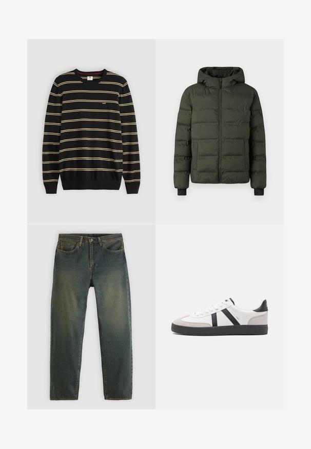 Olivenfarvet polstret jakke med frontlynlås, fasthæftet hætte, to store frontlommer og sorte indvendige håndledsmanchetter.; Sort sweater med vandrette gule striber, ribbet rund halsudskæring og manchetter; lille logo på venstre bryst.; Mørkegrønne denimjeans med fem-lommer design, knaplukning og lige ben, vist på en ensartet lys baggrund.; Hvide sneakers med sorte og grå detaljer, med en tekstureret grå tåhætte, sort gummisål og flade hvide snørebånd. Rent design, minimalistisk stil.