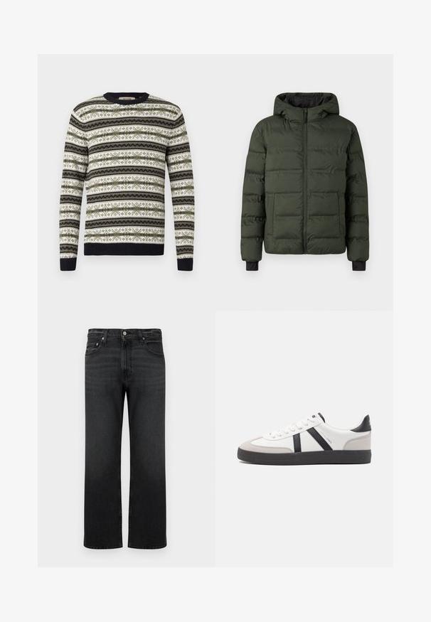 veste matelassée vert olive avec fermeture éclair à l'avant, capuche attachée, deux grandes poches avant et poignets intérieurs noirs.; Pull à col rond avec un motif fair isle horizontal vert, noir et blanc, manches et ourlet côtelés, présenté sur un fond blanc.; Jeans noir à jambes droites avec fermeture à boutons et zip à l'avant, cinq poches et un léger effet délavé aux cuisses et aux genoux.; Baskets blanches avec des accents noirs et gris, présentant un embout texturé gris, une semelle en caoutchouc noir et des lacets plats blancs. Design épuré, style minimaliste.