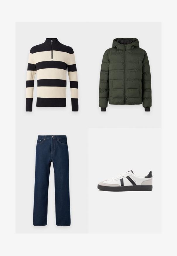 veste matelassée vert olive avec fermeture éclair à l'avant, capuche attachée, deux grandes poches avant et poignets intérieurs noirs.; Pull en tricot à côtes rayé noir et beige avec des manches longues et un petit zip en argent au col montant.; Jean en denim bleu foncé avec une coupe droite, cinq poches et des coutures visibles. Possède un bouton de fermeture et des passants de ceinture.; Baskets blanches avec des accents noirs et gris, présentant un embout texturé gris, une semelle en caoutchouc noir et des lacets plats blancs. Design épuré, style minimaliste.