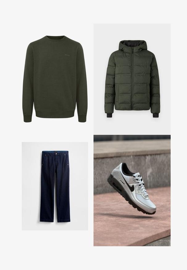 Olivenfarvet polstret jakke med frontlynlås, fasthæftet hætte, to store frontlommer og sorte indvendige håndledsmanchetter.; Olivengrøn sweatshirt lavet af blødt stof, med rund halsudskæring, lange ærmer og ribkant. Diskret "blend" logo i matchende farve.; Mørkeblå denimbukser med lige snit, der har to forlommer, metalhardwaredetaljer og en glat finish.; Hvid og grå Nike Air Max sneaker med sort sål og logo, vist i luften over en stensål med en grå væg i baggrunden.