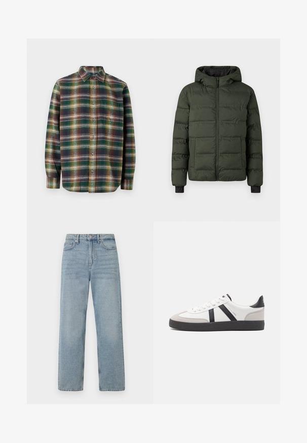 veste matelassée vert olive avec fermeture éclair à l'avant, capuche attachée, deux grandes poches avant et poignets intérieurs noirs.; Chemise à manches longues en tartan aux tons vert, bleu marine et orange, avec une fermeture à boutons, un col étalé et un tissu doux et texturé.; Jean en denim bleu clair à taille haute, coupe droite, avec cinq poches et un léger délavage pour un effet usé.; Baskets blanches avec des accents noirs et gris, présentant un embout texturé gris, une semelle en caoutchouc noir et des lacets plats blancs. Design épuré, style minimaliste.