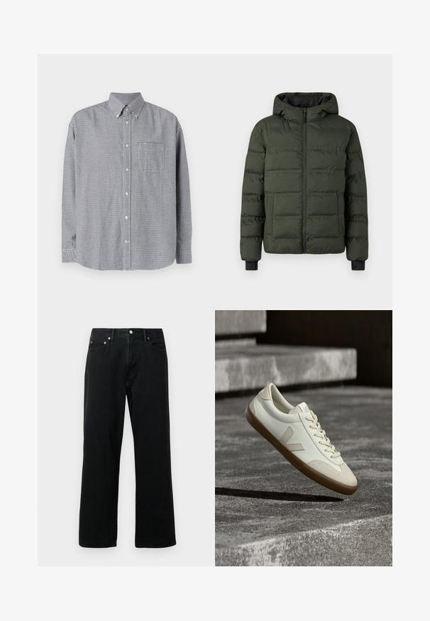 veste matelassée vert olive avec fermeture éclair à l'avant, capuche attachée, deux grandes poches avant et poignets intérieurs noirs.; Chemise à manches longues à carreaux noir et blanc, avec un col, une poche poitrine simple et un ourlet arrondi. Tissu en coton, texture lisse.; Jeans en denim noir avec une coupe droite, un design à cinq poches, des clous en métal et une fermeture à bouton. Le tissu a une texture douce avec un délavage minimal.; Baskets en cuir blanc avec semelle en caoutchouc beige, lacets plats et accent en forme de V sur le côté. Présentent une surface lisse et peu de détails de couture.