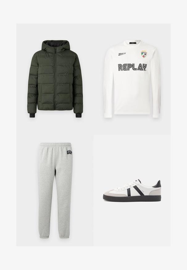 Olivgrüne gefütterte Jacke mit durchgehendem Reißverschluss, angenommener Kapuze, zwei großen Fronttaschen und schwarzen Innensaumabschlüssen an den Handgelenken.; Weißes Langarmhemd mit schwarzem "REPLAY"-Schriftzug über der Brust, kleinem "REPLAY FC"-Schriftzug oben links und einem dreifarbigen Wappenemblem mit drei Sternen oben rechts.; Graue Jogginghose mit elastischem Bund, abgeklebten Knöcheln und einem dunkelblauen "GAP"-Logo auf dem linken Oberschenkel. Weicher Baumwollmischstoff.; Weiße Sneaker mit schwarz- und grau-aczenten, ausgestattet mit einer strukturierten grauen Zehenkappe, schwarzer Gummi-Sohle und flachen weißen Schnürsenkeln. Sauberes Design, minimalistische Stil.