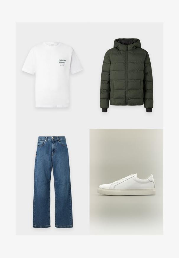 Olijfgroene gevoerde jas met een rits aan de voorkant, aangehechte capuchon, twee grote voorzakken en zwarte binnenmanchetten.; Witte t-shirt met korte mouwen met kleine zwarte tekst "Studio '90 Originals" en aanvullende kleinere tekst op de linkerkant van de borst.; Blauwe denim jeans met een relaxte pasvorm, rechte pijpen, zichtbare stiksels en een sluiting met een voorste knop. Heeft een zijzak met een accent.; Witte lage sneaker met veters aan de voorkant en dikke zool, zijaanzicht tegen een neutrale achtergrond.