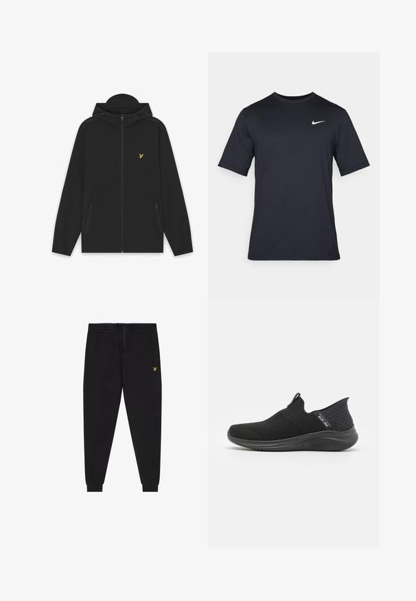 Schwarze Kapuzenjacke mit Frontreißverschluss, zwei Reißverschlusstaschen und kleinem gelben Vogel-Logo auf der linken Brustseite.; Schwarzes, kurzärmliges Nike-T-Shirt aus glattem Material, mit einem weißen Swoosh-Logo auf der oberen linken Seite und Rundhalsausschnitt.; Schwarze Jogginghose mit elastischem Bund und Kordelzug, zulaufenden Beinen mit Bündchen und kleinem gelben gesticktem Logo am rechten Oberschenkel.; Schwarze Slipper mit einem atmungsaktiven Mesh-Obermaterial, strukturiertem Design, flexibler Sohle und einem glatten, gepolsterten Fußbett.