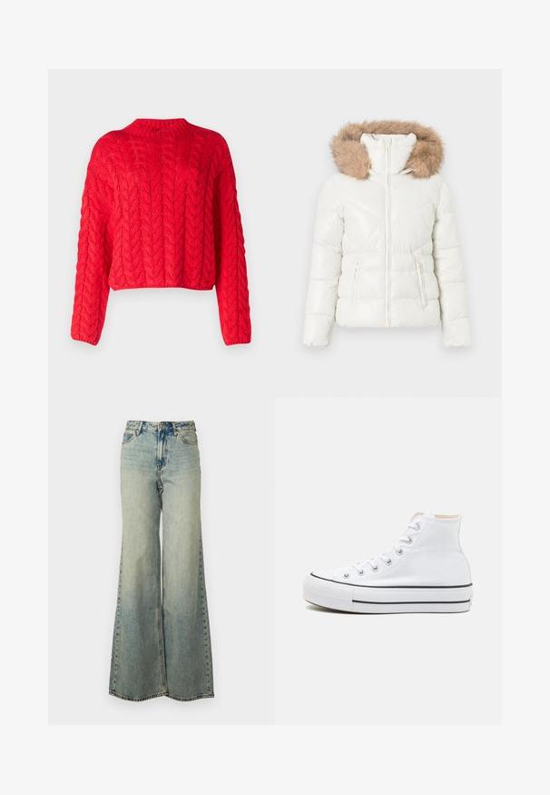 Weiß gesteppte Winterjacke mit Frontreißverschluss, seitlichen Reißverschlusstaschen und einer Kapuze mit braunem Kunstfellbesatz.; Roter Kabelstrickpullover mit hohem Kragen, langen Ärmeln und verkürztem Saum. Dicke Textur mit erhabenen, ineinandergreifenden Mustern.; Helles blauweite Jeans im Denim-Stil mit hoher Taille, ausgewaschenem Finish und seitlichen Taschen mit sichtbaren Nähten.; Weiße High-Top-Sneaker aus einem Material aus Segeltuch, mit schwarzer Gummisohle und kontrastierendem schwarzen Streifen auf der Zwischensohle. Runde Zehenkappe und Schnürdesign.
