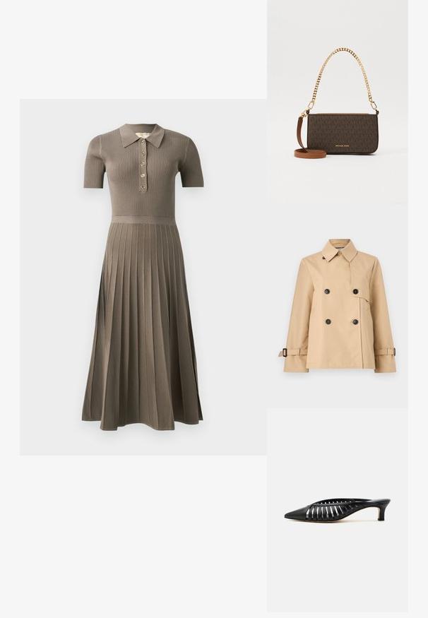 Beige dobbeltradet trenchcoat med sorte knapper, bred krave, sidelommer og justerbare spænder på manchetterne.; Ribbede midikjole i gråbrun med korte ærmer, polo-krave, guldknaplukning og plisseret kjoldesign. Blød tekstur.; Sort læder mule med spids snude, stropdetalje og lav kittenhælk på hvid baggrund.; Brun mønstret crossbody taske lavet af syntetisk materiale, med en guldkæde-strop og en aftagelig læder-skulderrem.