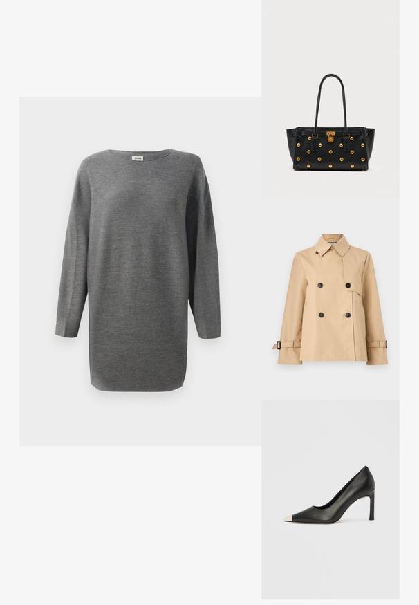 Trench-coat double boutonné beige avec boutons noirs, large col, poches latérales et sangles à boucle réglables aux poignets.; Pull en tricot gris à manches longues à coupe loose avec un col rond et un ourlet droit, présenté sur fond blanc.; Chaussure à talon haut en cuir noir avec bout pointu et capuchon argenté métallique. Présente une finition lisse et un talon fin de 10 cm.; Sac à main en cuir noir avec deux poignées, décoré de clous ronds dorés et d'une serrure centrale dorée avec initiales.