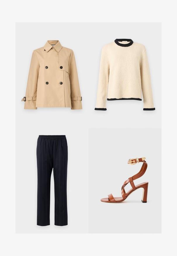 Gabardina beige de doble botonadura con botones negros, cuello ancho, bolsillos laterales y correas ajustables con hebilla en los puños.; Suéter de punto color crema de manga larga con ribete negro acanalado en el cuello, puños y dobladillo, mostrado sobre un fondo liso.; Pantalones de color azul marino con rayas verticales, cinturilla elástica, diseño de pierna recta, textura suave y sin bolsillos visibles.; Sandal de tacón de cuero marrón con diseño de tiras y hebilla en el tobillo. Presenta un talón cerrado y un tacón alto y grueso. Textura suave.