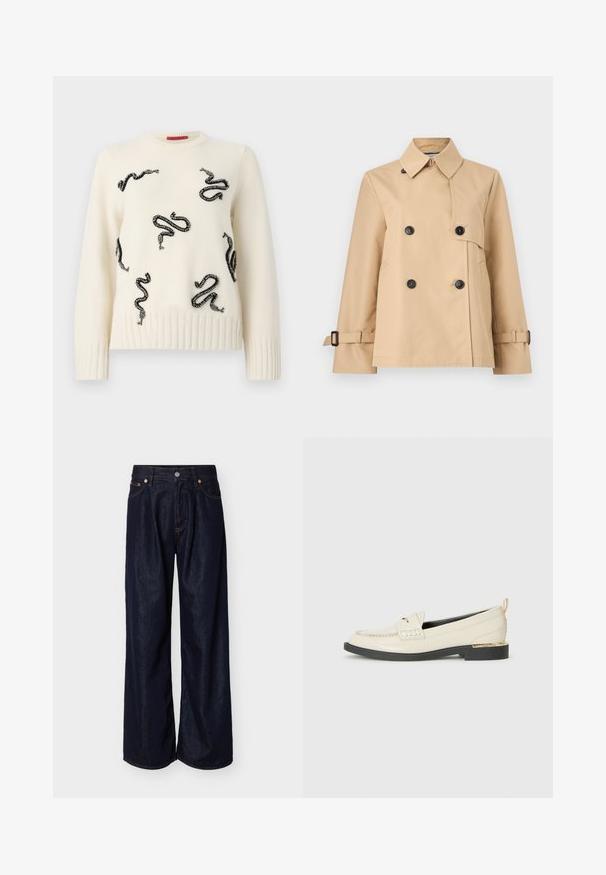 Trench-coat double boutonné beige avec boutons noirs, large col, poches latérales et sangles à boucle réglables aux poignets.; Pull en crème avec des motifs de serpents en perles noires sur l'ensemble. Ourlets et poignets côtelés ajoutent de la texture ; col rond. Matière en maille douce.; Jean en denim bleu foncé à jambes larges avec bouton sur le devant et design à cinq poches sur un fond clair uni.; Mocassin en cuir crème avec une sangle décorative, des détails cousus et une semelle noire basse accentuée d'un talon doré.