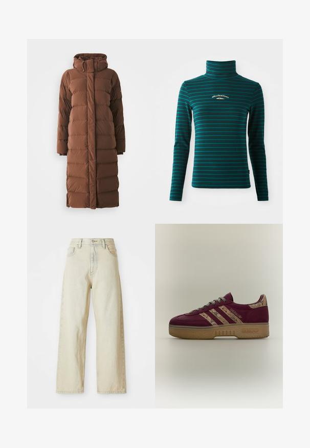 Lang, brun dunjakke med høj krave, quiltede sektioner og lynlås foran. Har sidelommer og et slankt, strømlinet design.; Langærmet turtleneck top i teal med mørkeblå vandrette striber. Har et lille hvidt og guld logo på brystet. Blødt, strækbart stof.; Løse denimjeans i en lys beige nuance med forlommer, høj talje og subtile syninger. Fremstillet af struktureret denimstof.; Vinrød Adidas Spezial sneaker med paisley-mønstrede tre striber og hæl, brun gummisål og grønne snørebånd, sidevisning på ensfarvet baggrund.