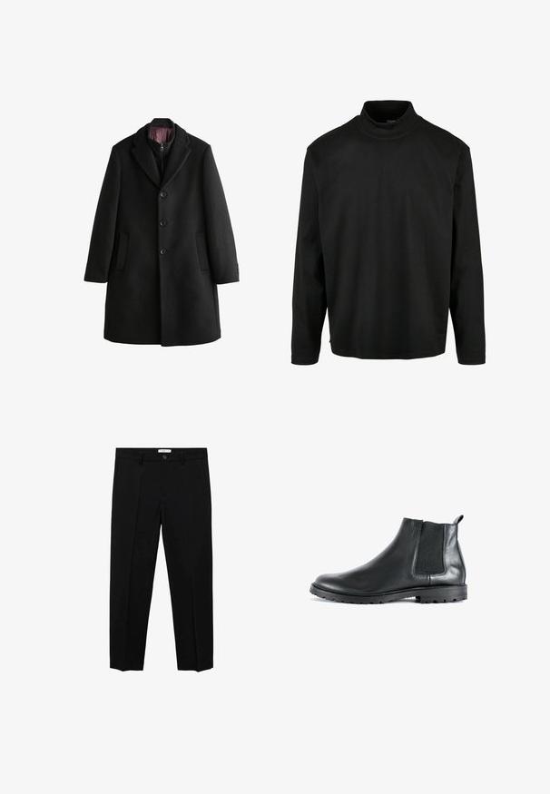 Sort uldfrakke med klapkrave, to forlommer, tre-knaps lukning og en glat indvendig foring.; Sort langærmet turtleneck skjorte i blødt stof, med en tætsiddende, høj krave og lige snit, uden synlige mønstre eller detaljer.; Sorte skræddersyede bukser med lige snit, der har en enkelt knap lukning, bæltestropper og frontfolder. Lavet af et glat stof.; Sorte læder ankelstøvler med en elastisk sidepanel, rund tå og en struktureret gummisål. Har en træktab bagpå.