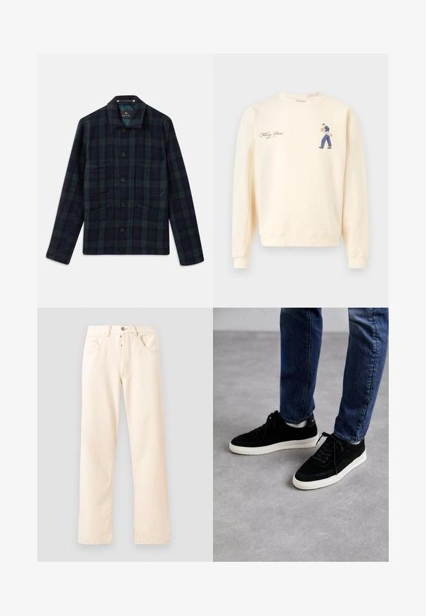 Mørkegrøn og marineblå ternet button-up jakke med lange ærmer, krave og fire forlommer.; Kremhvid sweatshirt med lille grafik af en person, der bærer baguetter, og teksten "Filling Pieces Baking Bread" på brystet.; Lys beige denim jeans med en lige ben design, fem lommer og en frontlukning med knap. Syninger synlige langs sømmene.; Sorte ruskind sneakers med en hvid gummisål, der har et klassisk low-top design, rundt tå og flade sorte snørebånd.