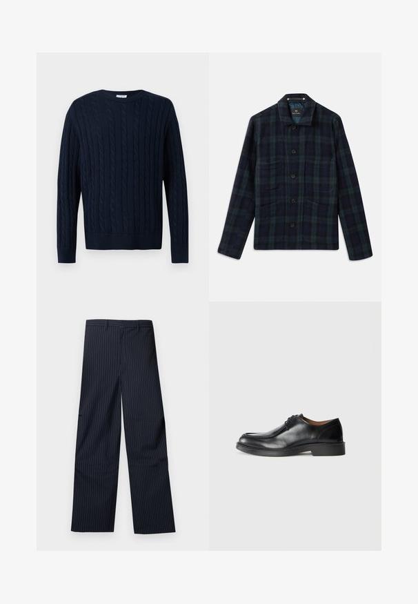 Dark green and navy blue plaid button-up jacket with long sleeves, collar, and four front pockets.; Navy blue cable knit sweater with long sleeves and crew neck, featuring vertical braided pattern and ribbed cuffs and hem.; Navy blue pinstripe wide-leg trousers with belt loops, front pockets, and a straight hem against a plain background.; Black leather dress shoe with a rounded toe, smooth surface, lace accents, and a low, textured rubber sole. Clean lines and minimal design.