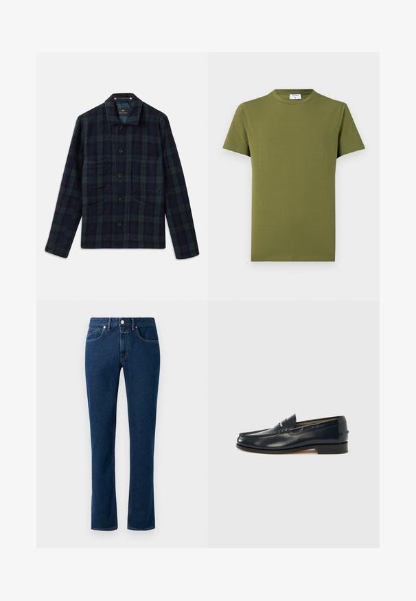 Dunkelgrün und marineblau kariertes Button-up-Jackett mit langen Ärmeln, Kragen und vier Fronttaschen.; Olivgrünes T-Shirt mit kurzen Ärmeln aus weichem, glattem Stoff. Klassischer Rundhalsausschnitt, klare Linien und keine sichtbaren Muster oder Akzente.; Dunkelblaue Denim-Jeans mit einem schlanken, geraden Bein, klassischem Fünf-Taschen-Design und einem Knopfverschluss am Bund.; Marineblaue Lederloafer mit Mokassinförmiger Zehenpartie, dekorativer Naht, kleinem Absatz und kontrastierendem gestreiftem Detail am Blatt. Glatte Textur.