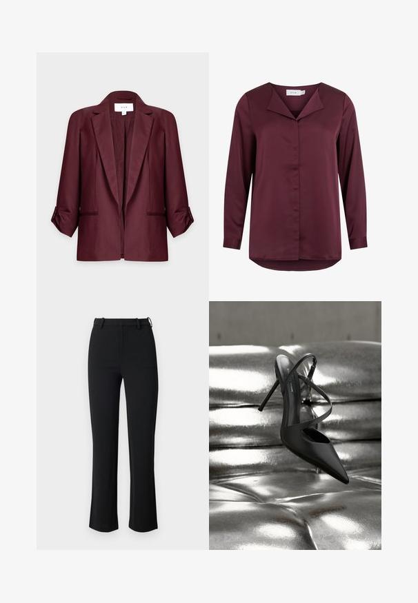 Burgunderroter Blazer mit Revers, hochgekrempelten Ärmeln, zwei Fronttaschen und offener Front, präsentiert vor einem schlichten, hellen Hintergrund.; Dunkelburgunderfarbene Langarmbluse mit umgeschlagenem Kragen und verdeckter Knopfleiste vorne, aus glattem Stoff.; Schwarze Hose aus einem glatten, elastischen Stoff, mit einer taillierten Taille, Gürtelschlaufen und leicht ausgestellten Beinen mit seitlichen Schlitzen.; Schwarzer spitzer Stilettoabsatz mit überkreuzten Riemen, der auf einer glänzenden silbernen, gesteppte Lederfläche ruht.