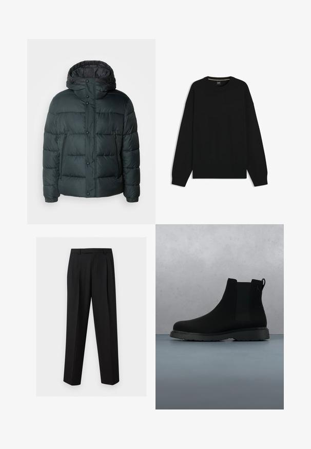 Dunkelgrüne Puffjacke mit hohem Kragen, Kapuze, Druckknöpfen, seitlichen Reißverschlusstaschen und einem gesteppten Design zur Isolation.; Schwarzer Strickpullover mit Rundhalsausschnitt, überschnittenen Schultern und gerippten Bündchen sowie Saum. Glatte Textur, minimalistisches Design, keine Muster.; Schwarze, maßgeschneiderte Hose mit geraden Beinen, Falten an der Taille, Gürtelschlaufen und seitlichen Eingrifftaschen mit Schlitz, dargestellt vor einfachem Hintergrund.; Schwarze Knöchelstiefel aus glattem Material mit subtilen Nähten, einer Gummisohle und einem eleganten Design, platziert auf einer Oberfläche mit Holzstruktur.