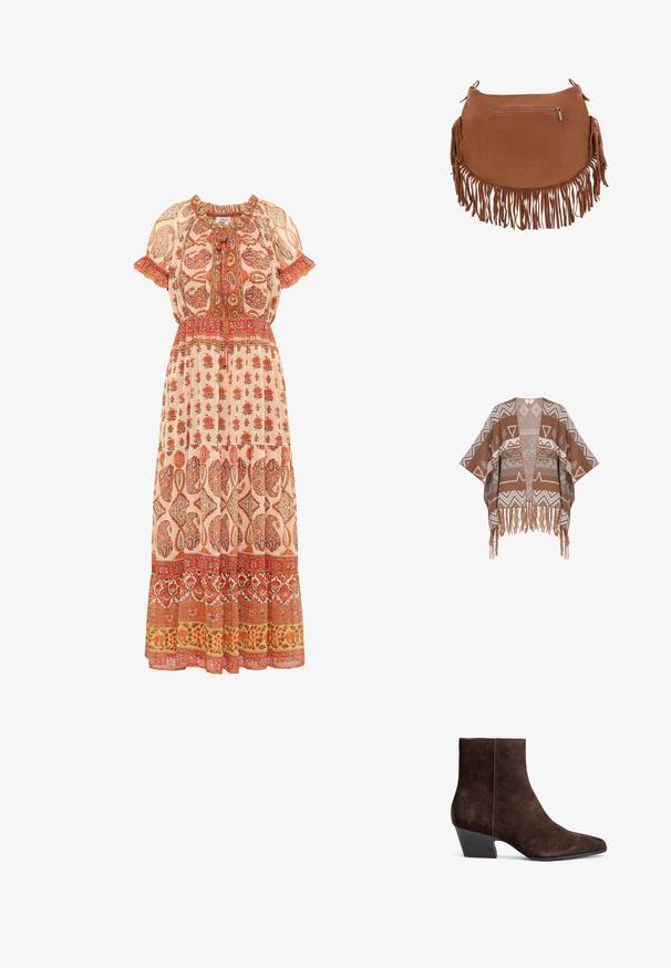 Brun vævet poncho med geometriske mønstre i creme og grå. Har åben front og frynset kant. Blød tekstur med afslappet pasform.; Maxikjole i let stof med blomsterprint i røde og orange nuancer, med en sammensamlet halsudskæring, korte ærmer og en lagdelt kant.; Brune ruskind ankelstøvler med spidse tæer, mellemhøj blokhælt og minimal syning for et elegant udseende.; Brun ruskindshåndtaske med lange frynser langs bunden og siderne samt en lille vandret lynlåslomme foran.