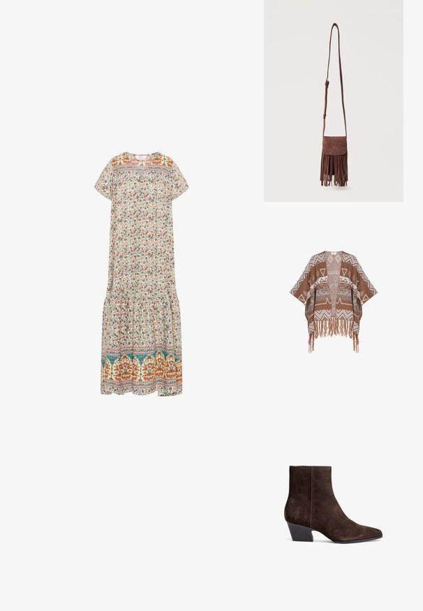 Brun vævet poncho med geometriske mønstre i creme og grå. Har åben front og frynset kant. Blød tekstur med afslappet pasform.; Blomstrete maxikjole med en kremfarget bakgrunn, fargerike blomster mønstre, korte ermer, rund halslinje og volangkant.; Brune ruskind ankelstøvler med spidse tæer, mellemhøj blokhælt og minimal syning for et elegant udseende.; Brun ruskind crossbody taske med lang rem, syet dekorativt mønster på klappen og hængende frynsetassels langs nederste kant.