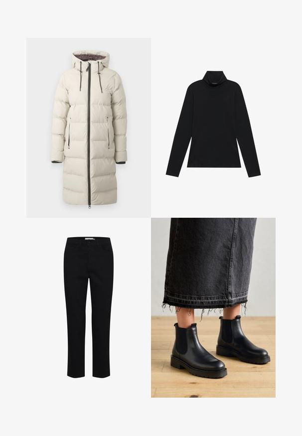 Puffer-Jacke in hellbeige mit Kapuze, ausgestattet mit einem durchgehenden Reißverschluss, zwei Seitentaschen und schwarzen Hardware-Akzenten. Strukturiertes, gestepptes Design.; Schwarzes langärmeliges Rollkragenshirt. Weicher Stoff, enganliegendes Design, hoher Kragen und seitliche Nähte. Schlichter und vielseitiger Stil, der sich gut für das Layering eignet.; Schwarze Baumwollhose mit geradem Schnitt. Verfügt über fünf Taschen und einen vorderen Knopfverschluss. Glatte Textur, minimale Nähdetails.; Pavement MARIT - Plateaustiefelette - black