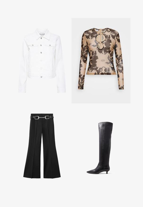 Witte denimjas met zilveren knopen, twee borstzakken met kleppen, klassieke kraag en lange mouwen van Pulz Jeans.; ROKH METAL HOOPS - Blouse - black/brown; Zwarte wijd-uitlopende broek met een gladde textuur, voorzien van een bijpassende riem en een zilveren rechthoekige gesp. Gemaakt met een rechte snit.; Kniehoge zwarte leren laarzen met een spitse neus en een kleine hak, met een gladde textuur en een minimalistisch ontwerp.