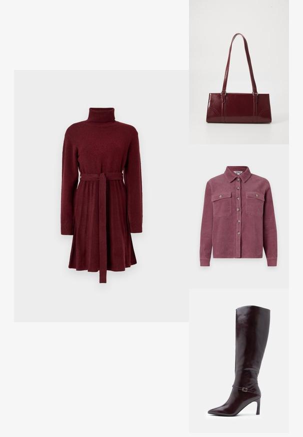 Katoenen overhemd in mauve met knopen, twee borstzakken, kraag en sluiting met knopen aan de voorkant; heeft een textuur met ribbels en bijpassende knopen.; Bordeaux langef Sleeves gebreide jurk met col en strikceintuur, voorzien van een geplooide rok en ribgebreide manchetten op de mouwen.; Kastanjebruine leren laarzen tot de knie met een spitse neus, een stilettohak en een decoratieve gespsluiting rond de enkel. Glad van structuur.; Bourgondische handtas van glanzend materiaal, rechthoekige vorm, met twee schouderbanden en subtiele gebogen accenten aan de voorkant.