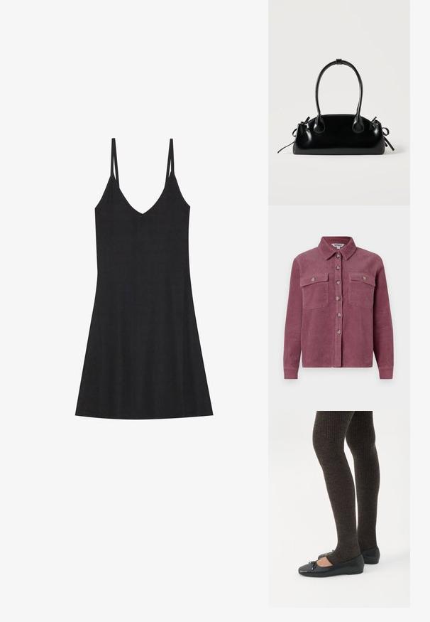 Chemise en velours côtelé mauve avec deux poches poitrine, un col et une fermeture par boutons à l'avant ; présente des côtes texturées et des boutons assortis.; Robe nuisette noire à rayures avec un décolleté en V et de fines bretelles réglables. Présente une coupe décontractée, tombant au-dessus des genoux, avec un design minimaliste.; Jambes portant des leggings côtelés foncés associés à des ballerines noires avec de petits détails en nœud sur fond blanc.; Petit sac à main noir brillant avec deux longues anses et des détails à cordon sur les côtés sur un fond clair uni.