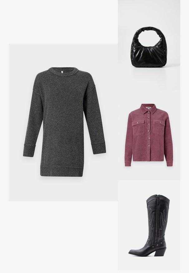 Chemise en velours côtelé mauve avec deux poches poitrine, un col et une fermeture par boutons à l'avant ; présente des côtes texturées et des boutons assortis.; Pull en laine à manches longues gris foncé, avec des poignets et un ourlet côtelés, un col rond et une coupe décontractée.; Bottes de cow-boy en cuir noir avec bout pointu, coutures apparentes, ornements à clous argentés et fermeture éclair sur le côté intérieur.; Sac à main noir rembourré avec une poignée arrondie, présentant une surface lisse et brillante ainsi qu'une texture douce et matelassée. Pas de quincaillerie ou d'accents visibles.