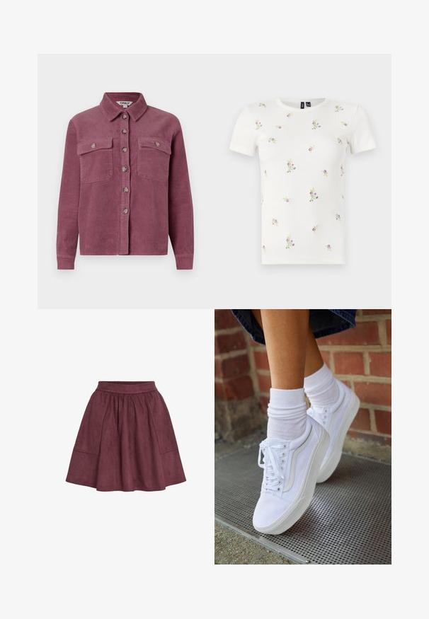 Katoenen overhemd in mauve met knopen, twee borstzakken, kraag en sluiting met knopen aan de voorkant; heeft een textuur met ribbels en bijpassende knopen.; Witte katoenen T-shirt met korte mouwen, voorzien van een geribbelde textuur en verspreide bloemrijke borduursels in roze en groen.; Bordeaux suède rok met een flared vorm, elastische tailleband en twee zijzakken, met een zachte textuur en minimalistisch ontwerp.; Witte canvas sneakers met rubberen zolen, voorzien van zes vetertjes, een ronde neus en lichte stikdetails, gecombineerd met witte enkelsokken.