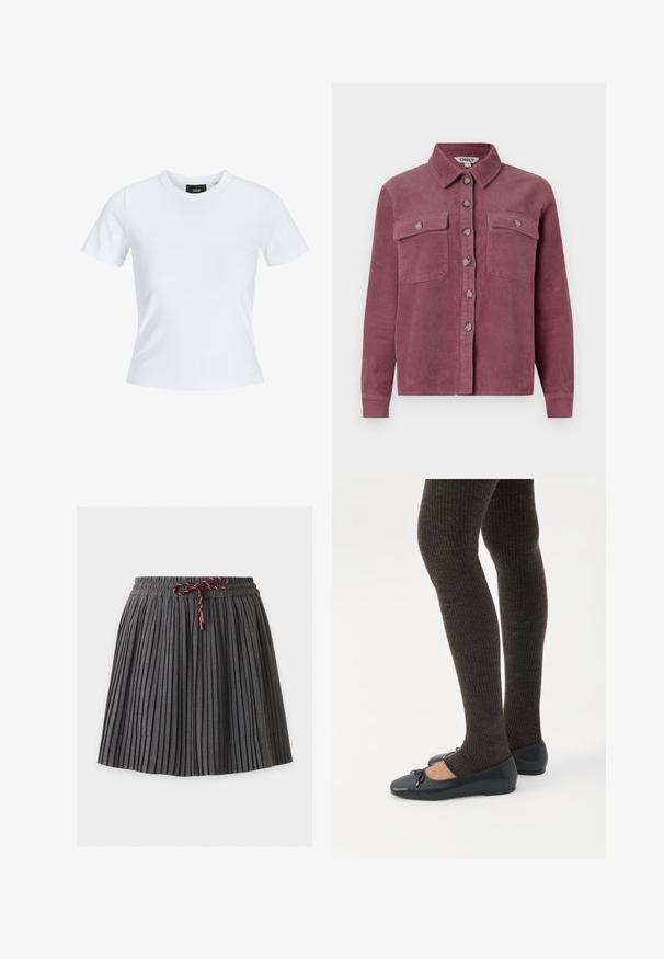 Kordfløjl skjorte i mauve med to brystlommer, krave og frontknaplukning; har teksturerede ribs og matchende knapper.; Hvid tætsiddende t-shirt med korte ærmer, rund halsudskæring og et lille sort mærke indeni kraven.; Mørkegrå plisseret nederdel med elastik i taljen og en bundet vinrød snor foran i midten.; Ben iført mørke ribbede leggings kombineret med sorte balletsko med små sløjfedetaljer på hvid baggrund.