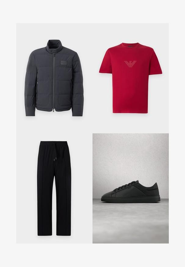 Schwarze Daunenjacke mit hohem Kragen, gestepptem Muster und einem Reißverschluss vorne. Verfügt über ein kleines Logopatch auf der linken Brust und seitliche Taschen.; Rotes T-Shirt mit kurzen Ärmeln und Rundhalsausschnitt, mit einem glänzenden, stilisierten Adler-Logo in der Mitte der Brust.; Schwarze, leichte Hosen mit einem elastischen Bund und Kordelzug, ausgestattet mit zwei vorderen Falten und geradem Bein. Glatte Textur.; Schwarzer flacher Ledersneaker mit Schnürsenkeln und "BOSS"-Logo, schwebend über einem glatten Betonboden in der Nähe von Glasbausteinen.