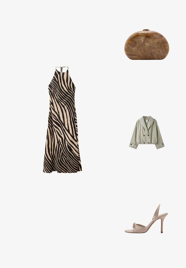 Veste beige courte à double boutonnage avec large col, poches avant, poignets boutonnés et ourlet élastiqué.; Robe longue à col halter avec motif rayures zèbre noir et beige, bas évasé et fermeture par lien au cou.; Sandale beige à talon haut à bout ouvert avec fines brides et petit nœud décoratif sur le devant, style slingback et talon aiguille.; Pochette ovale marron marbrée avec fermoir doré en haut sur fond blanc.