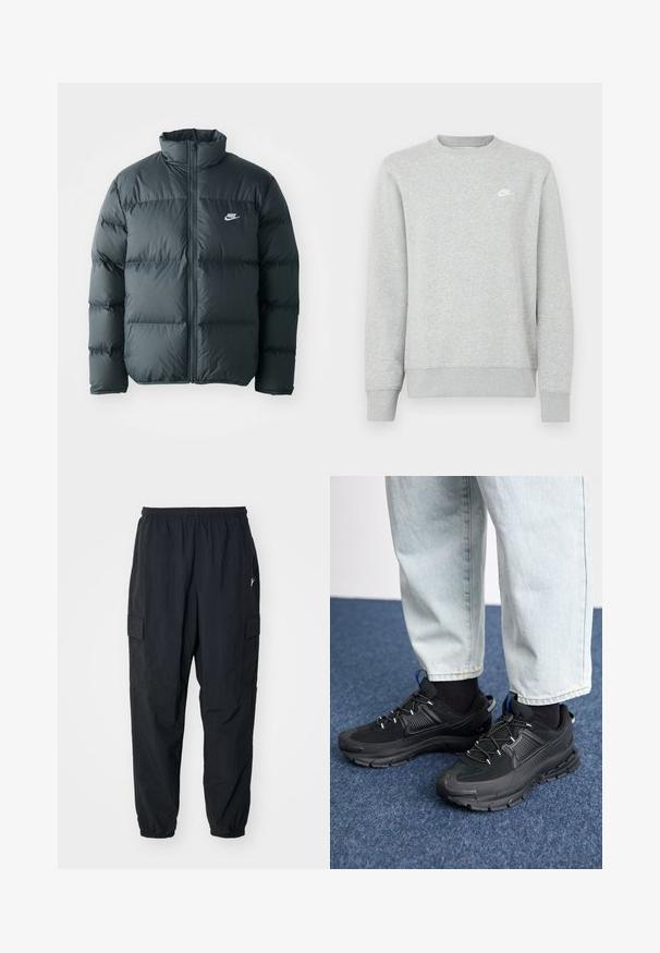 Must must jacket, millede õmblustega, kõrge krae ja esine lukuga. Rinnal on väike valge Nike logo.; Hall hallipluus, mis on valmistatud pehmest fliismaterjalist, varustatud soonikkoes mansettide ja äärega ning väikese valge Nike logoga rinnal.; Mustad mustad püksid kergest materjalist, elastse vöökoha, küljetaskute ja lõdva istuvuse ning elastsete mansettidega.; Mustad mustad jooksukingad, millel on tekstureeritud kangas ja kummist tallad, elastsed nöörid ning sinine aksent kandadel. Kandmine heledate teksadega.