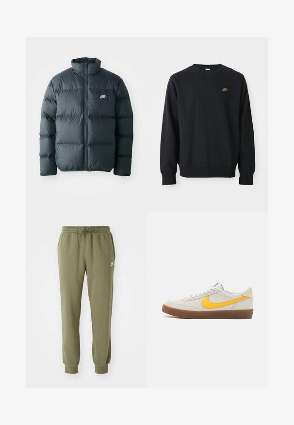 Sort pufferjakke med quiltede sektioner, høj krave og lynlås foran. Har et lille hvidt Nike-logo på brystet.; Sort sweatshirt lavet af blødt stof, med rund hals, lange ærmer og et lille guld Nike-logo på brystet.; Olivengrønne bomulds-joggers med snor i taljen, indsnævrede ankler og et lille hvidt Nike-logo på venstre side. Blød, glat tekstur.; Nike sneakers i lysegrå ruskind med en gul swoosh, hvide snørebånd og en brun gummisål. Har en struktureret finish og polstret krave.
