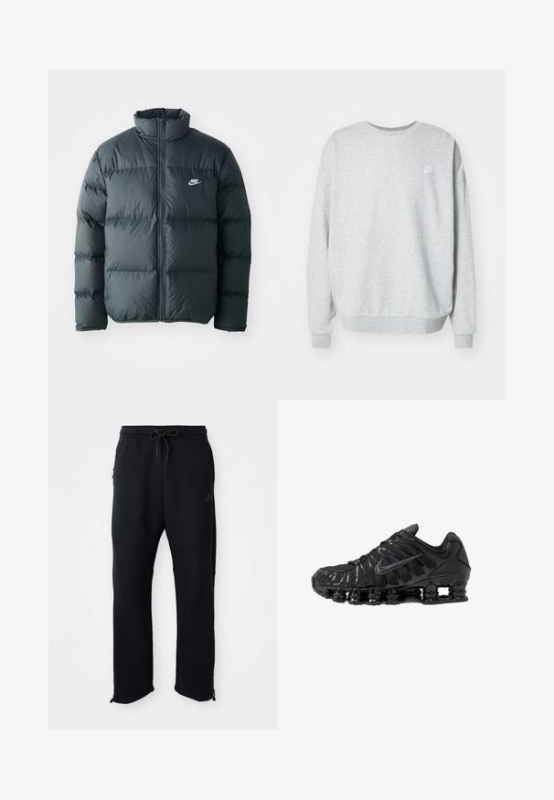 Svart pufferjakke med quiltede seksjoner, høy krage og glidelås foran. Har en liten hvit Nike-logo på brystet.; Grå sweatshirt laget av bomullsblanding, med rund hals, nedfalte skuldre og en liten hvit logo på brystet.; Svart treningbukser med elastisk midje og snor, har sidelommer, smalnende ben og glidelåser ved anklene. Jevn tekstur.; Svarte sportssko laget av mesh og syntetiske materialer, med et tydelig bølget design, svart gummisåle og reflekterende detaljer.