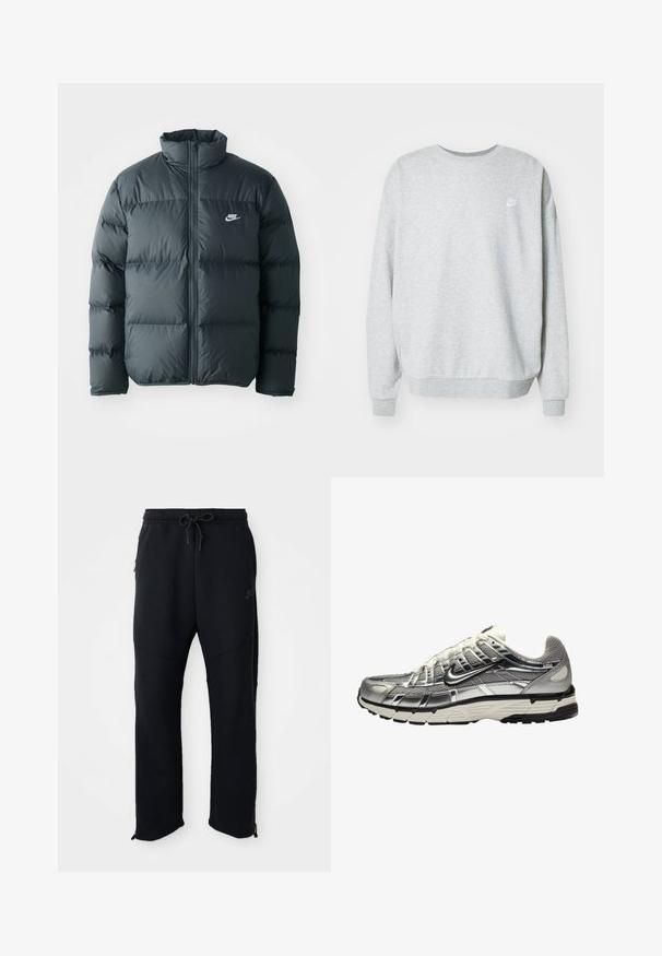 Čierna pérová bunda s prešívanými časťami, vysokým golierom a predným zipsom. Na hrudi sa nachádza malé biele logo Nike.; Šedá mikina zo zmesi bavlny, s okrúhlym výstrihom, spustenými ramennými švami a malým bielym logom na hrudi.; Čierne športové nohavice s elastickým pásom a šnúrkou, majú postranné vrecká, zúžené nohavice a zipsy na členkoch. Hladká textúra.; Strieborná a čierna športová obuv s vrchnou časťou z mäkkej textílie a syntetického materiálu, objemový dizajn a textúrovaný povrch. Obsahuje polstrovaný golier a gumovú podrážku.