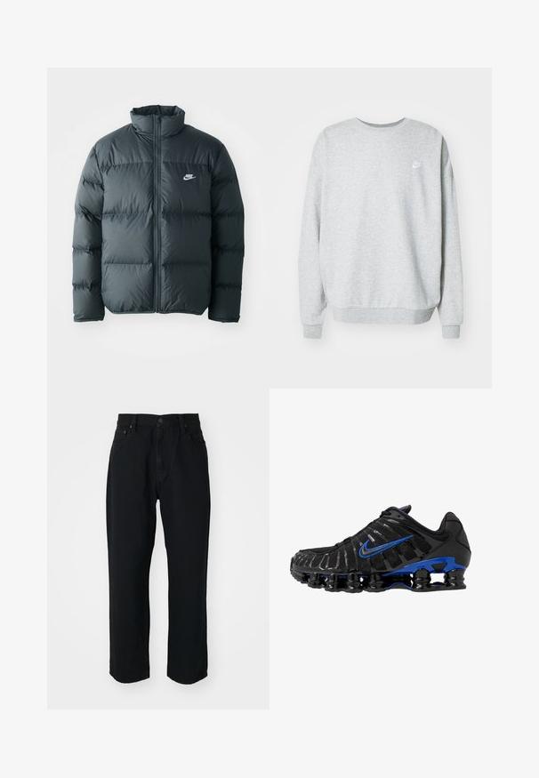 Schwarze Pufferjacke mit gesteppten Abschnitten, hohem Kragen und frontalem Reißverschluss. Verfügt über ein kleines weißes Nike-Logo auf der Brust.; Grauer Sweatshirt aus einem Baumwoll-Mischgewebe, mit Rundhalsausschnitt, überschnittenen Schultern und einem kleinen weißen Logo auf der Brust.; Schwarze Denim-Jeans mit geradem Schnitt, leichtem Material, fünf Taschen und Knopfverschluss an der Taille.; Schwarzer Sportschuh mit Obermaterial aus Mesh und glänzenden Akzenten. Verfügt über einen blauen Swoosh, einen gepolsterten Kragen und eine auffällige schwarze Gummisohle mit sichtbarem Dämpfungselement.