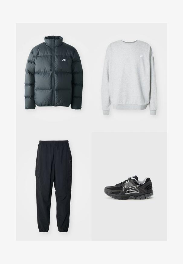 Sort pufferjakke med quiltede sektioner, høj krave og lynlås foran. Har et lille hvidt Nike-logo på brystet.; Grå sweatshirt lavet af blandingsstof i bomuld, med rund halsudskæring, sænkede skuldre og et lille hvidt logo på brystet.; Sorte cargo-bukser lavet af letvægtsmateriale, der har en elastisk talje, sidelommer og en afslappet pasform med elastiske manchetter.; Sort atletiksko med meshpaneler og syntetiske detaljer. Har en rundet tå, tyk polstret sål og kontrasterende hvide logodetaljer.