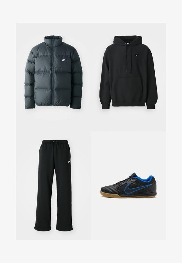 Sort pufferjakke med quiltede sektioner, høj krave og lynlås foran. Har et lille hvidt Nike-logo på brystet.; Sort Nike hoodie med frontlomme, snor i hætten, ribbede manchetter og lille hvid Nike swoosh-logo på brystet.; Sorte joggingbukser lavet af blødt stof, med elastisk talje og justerbar snøring samt et lille logoakcent på siden.; Sorte træningssko med blå detaljer, tekstureret syntetisk overdel, snørelukning og gummisål. Har en fremtrædende side logo detalje.