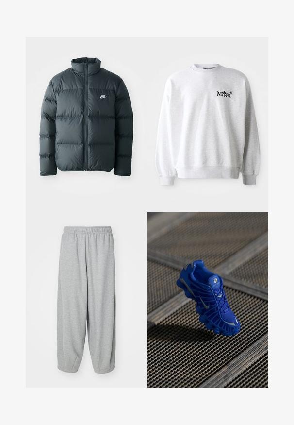 Schwarze Pufferjacke mit gesteppten Abschnitten, hohem Kragen und frontalem Reißverschluss. Verfügt über ein kleines weißes Nike-Logo auf der Brust.; Hellgrauer Sweatshirt mit Rundhalsausschnitt, gerippten Bündchen und Saum. Verfügt über ein schwarzes "Wittopia"-Logo auf der linken Brustseite. Weiche Textur.; Helle graue, lässig sitzende Sweatpants aus weichem Stoff. Elastischer Bund und Bündchen an den Knöcheln. Einfaches und ungeschmücktes Design.; Blaue Sportschuh mit einem Obermaterial aus Netzgewebe, strukturiertem Design und einer markanten Sohle, die über ausgeprägte Dämpfungselemente und reflektierende Akzente verfügt.