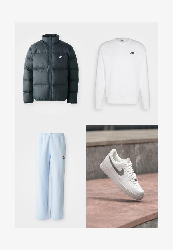 Sort pufferjakke med quiltede sektioner, høj krave og lynlås foran. Har et lille hvidt Nike-logo på brystet.; Hvid sweatshirt lavet af bomuld med lange ærmer, rund halsudskæring og sort Nike-logo på venstre bryst. Blød tekstur med ribbede manchetter.; Lysblå joggebukser med elastisk talje, prydet med et lille rødt Nike-logo og teksten "Athletic Department". Blødt bomuldsstof.; Hvid Nike Air Force 1 sneaker med gråt swoosh-logo svævende over en stensurface og en grå stenvæg i baggrunden.